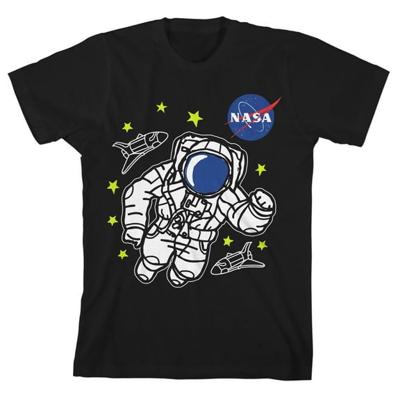 NASA Illustrated Astronaut, Shuttle, and Logo Youth Black Graphic Tee-Small