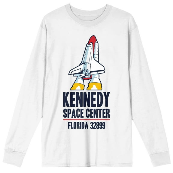 NASA Kennedy Space Center Spaceship and Logo Men's White Crew Neck Long Sleeve Graphic Tee-Small