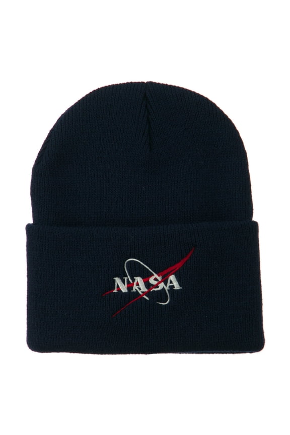 NASA Logo Embroidered Long Knit Beanie - Navy OSFM