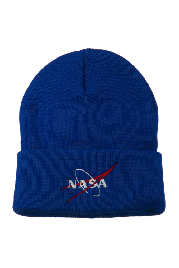 NASA Logo Embroidered Long Knit Beanie - Royal OSFM