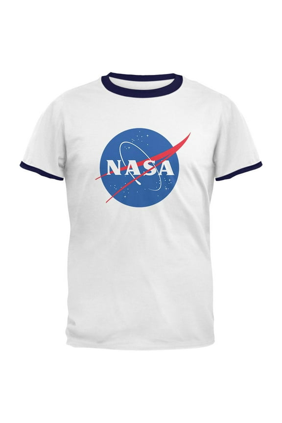 NASA Logo Mens Ringer T Shirt White-Navy MD