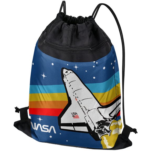NASA Logo Over Space Shuttle With Rainbow Drawstring Backpack Sports Bag Sackpack 17" x 13", Perfect for Gym, Yoga or Practice