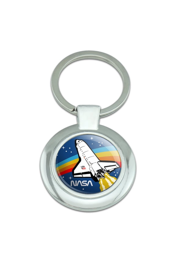 NASA Logo Over Space Shuttle with Rainbow Keychain Classy Round Chrome Plated Metal
