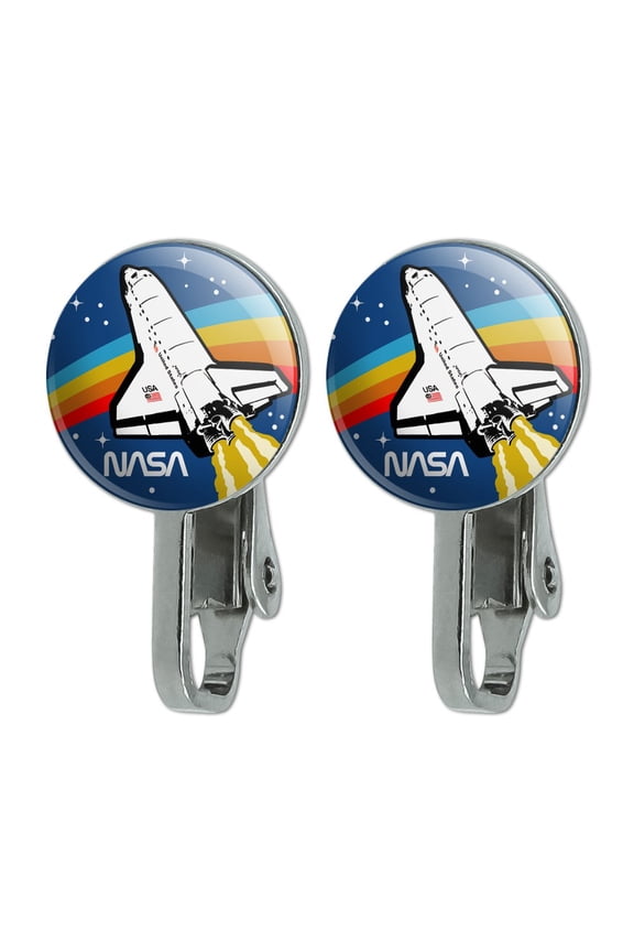 NASA Logo Over Space Shuttle with Rainbow Novelty Clip-On Stud Earrings