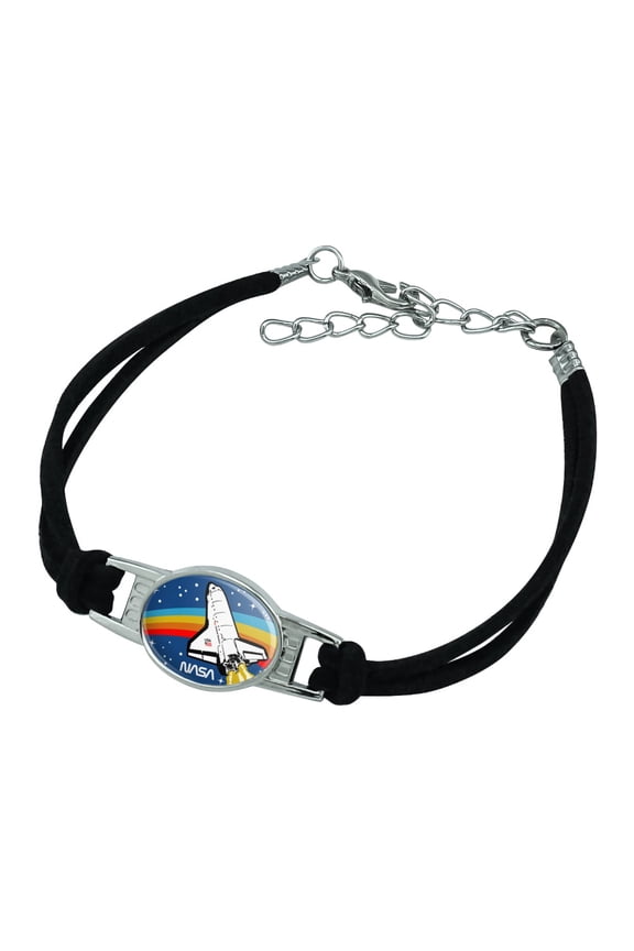 NASA Logo Over Space Shuttle with Rainbow Novelty Suede Leather Metal Bracelet