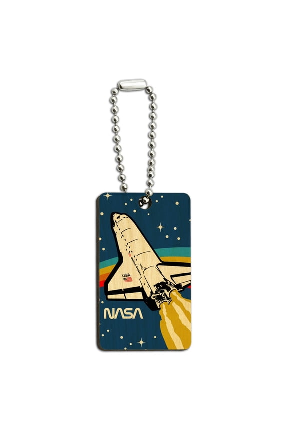 NASA Logo Over Space Shuttle with Rainbow Wood Wooden Rectangle Keychain Key Ring