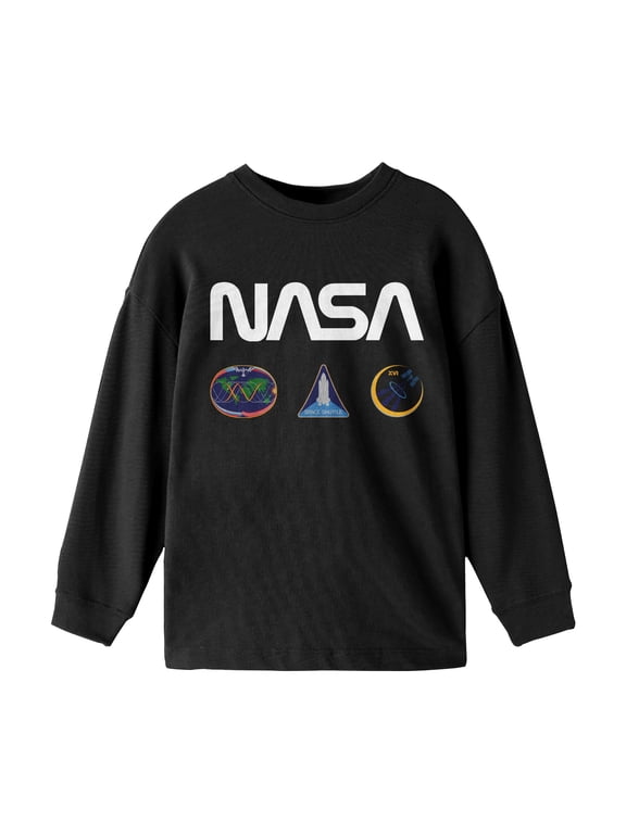 NASA Logo Patches Boy's Black Long Sleeve Shirt-XL