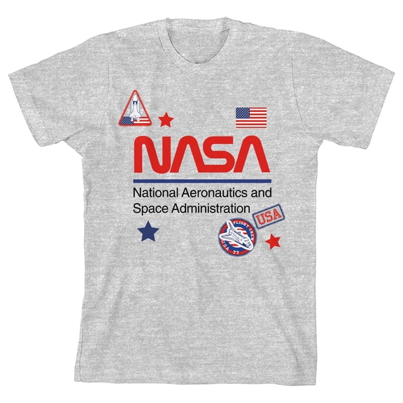 NASA Logo & Printed Patches Crew Neck Short Sleeve Athletic Heather Girl's T-shirt-Medium