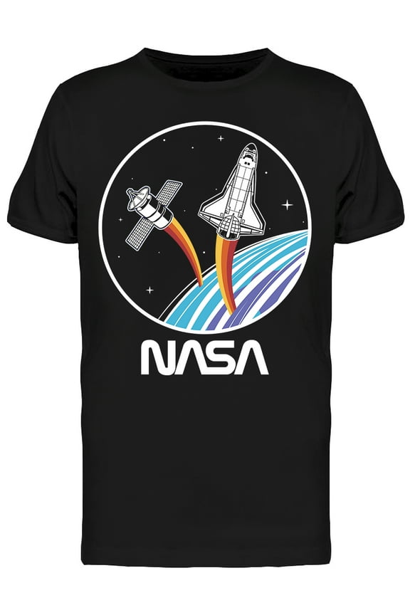 Mens Graphic Tee Black - Space Satelite 100% Cotton Regular Fit