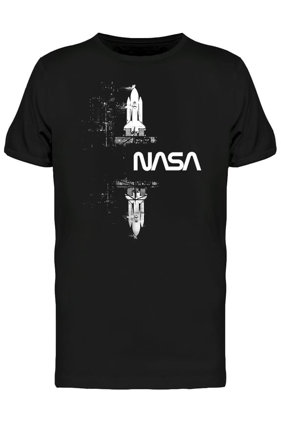 Mens Graphic Tee Black - Space White Mirror Rocket 100% Cotton Regular Fit