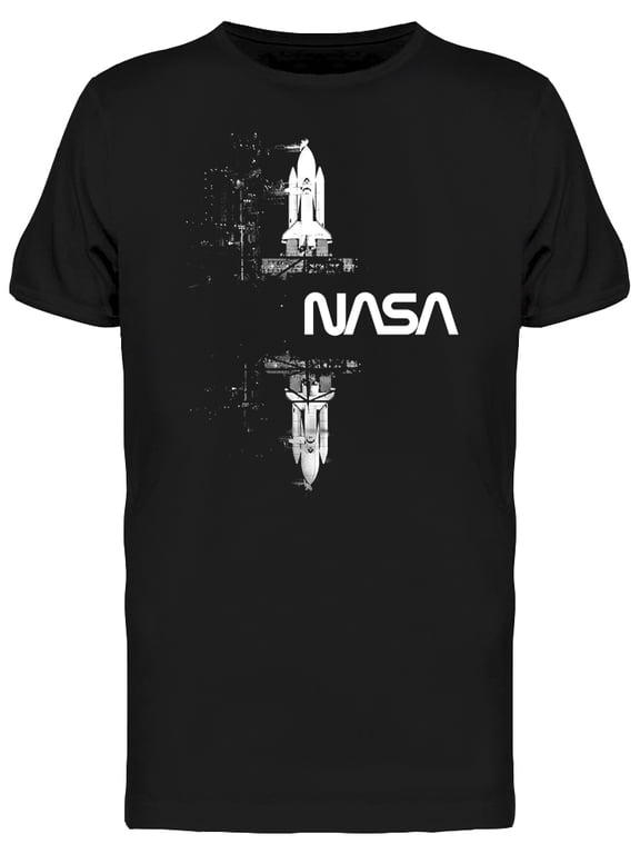 Mens Graphic Tee Black - Space White Mirror Rocket 100% Cotton Regular Fit