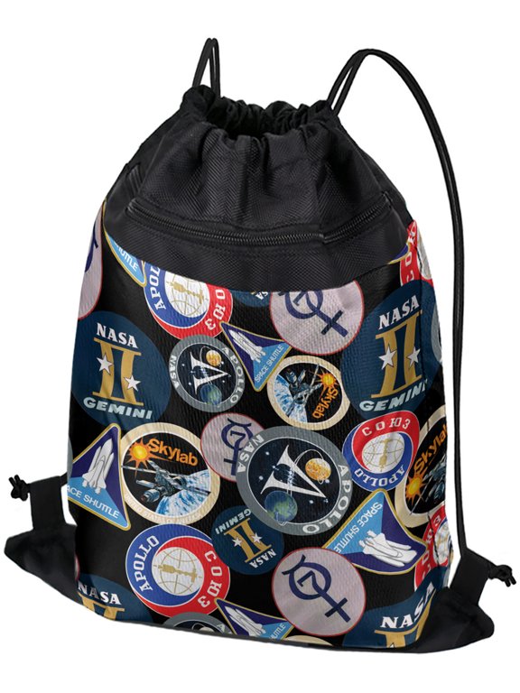 NASA Mission Patches Pattern Drawstring Backpack Sports Bag Sackpack 17" x 13", Perfect for Gym, Yoga or Practice