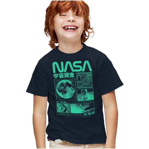 NASA Mono Collage Kids T Shirt for Youth Boys and Girls, Navy, X-Large