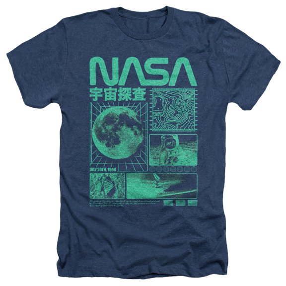 NASA Mono Collage Unisex Adult Heather T Shirt, Navy Heather, Large