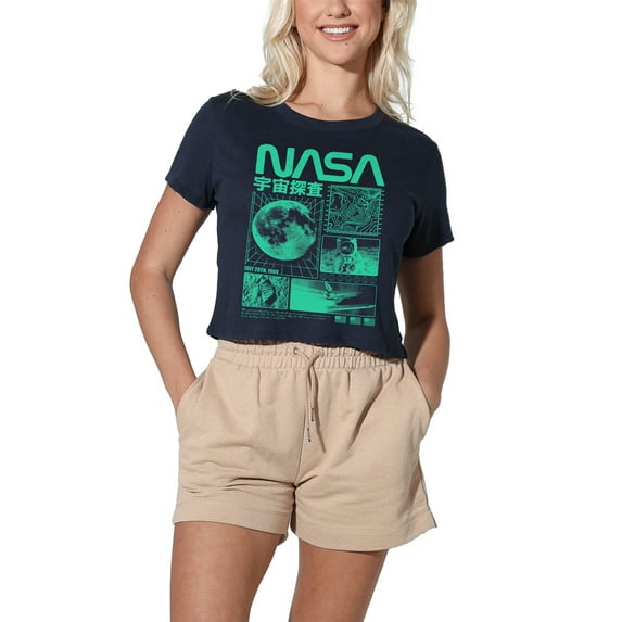 NASA Mono Collage Women's Crop Top T-Shirt, Navy, Medium