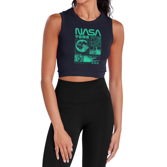 NASA Mono Collage Women's Sleeveless Crop Top Tank, Navy, Medium