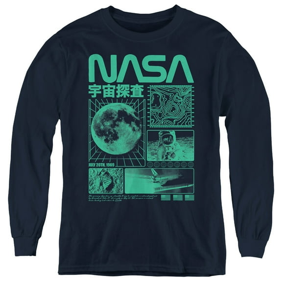 NASA Mono Collage Youth Long Sleeve T Shirt, Navy, Large