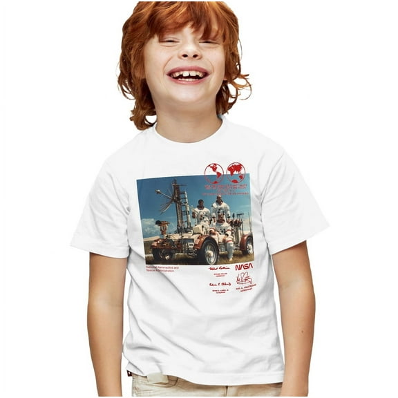 NASA Moon Buggy Kids T Shirt for Youth Boys and Girls, White, Large