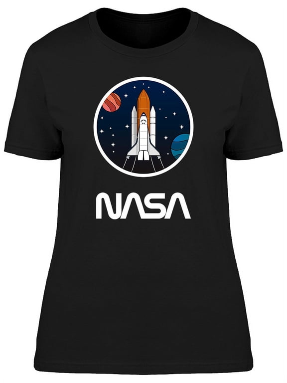 Cartoon Spaceship And Planets Women Black T-Shirt, Female Medium