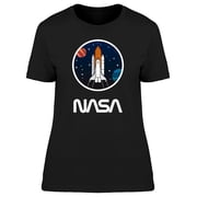 NASA NASA Cartoon Spaceship And Planets Women Black T-Shirt, Female Medium