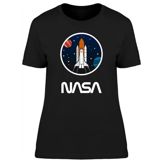 NASA NASA Cartoon Spaceship And Planets Women Black T-Shirt, Female XX-Large