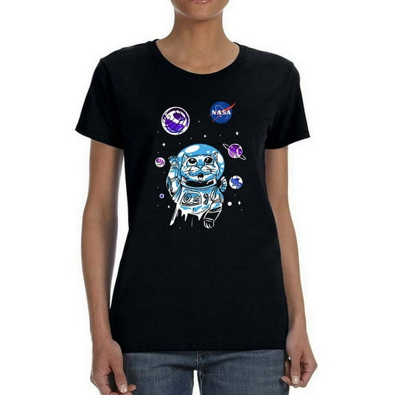 NASA Nasa Astronaut Kitten W Planets Shaped T-Shirt Women -NASA Designs, Female Large