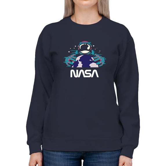 NASA Nasa Spaceman W Planet Earth Sweatshirt Women -NASA Designs, Female Medium