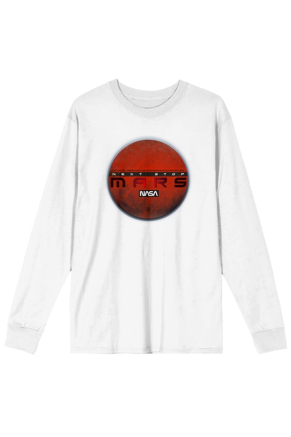 NASA Next Stop Mars Adult White Crew Neck Long Sleeve Tee