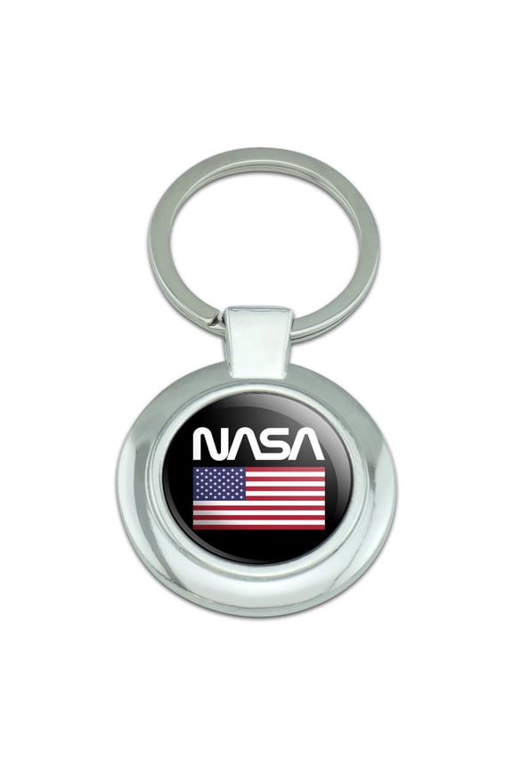 NASA Official Worm Logo United States USA Flag Keychain Classy Round Chrome Plated Metal
