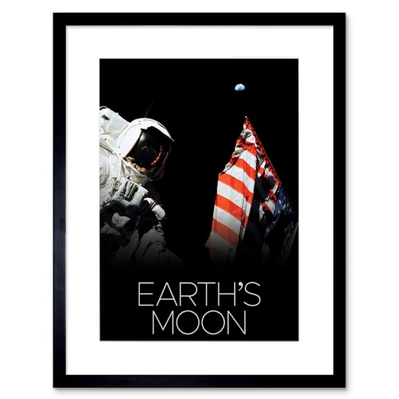NASA Our Solar System Moon Apollo 17 Moonwalk American Flag Artwork Framed Wall Art Print 9X7 Inch