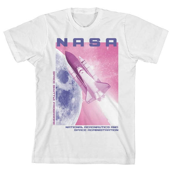 NASA Pink Sky With Shuttle & Purple Moon Crew Neck Short Sleeve Girl's White T-shirt-Medium