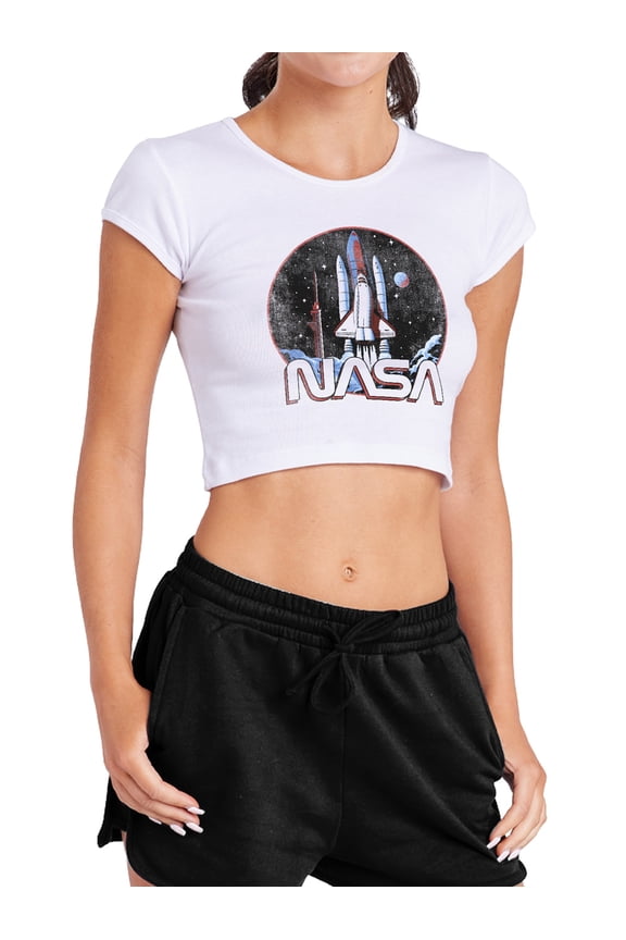 Pop Art Shuttle Women's Cap Sleeve Baby Rib Crop Top, White, Large