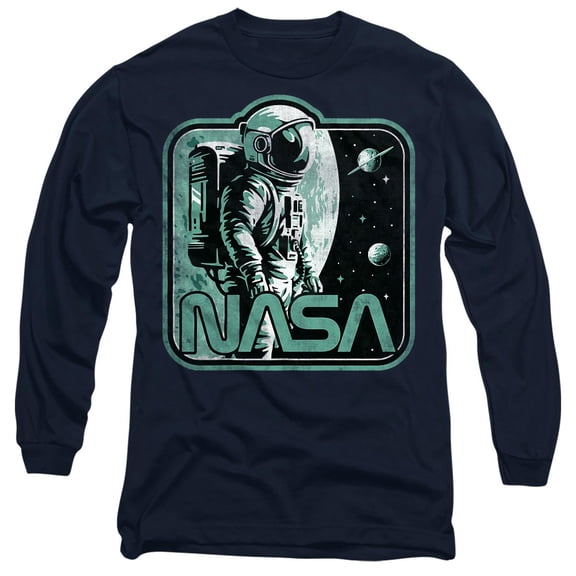 NASA Retro Spaceman Unisex Adult Long-Sleeve T Shirt, Navy, Large
