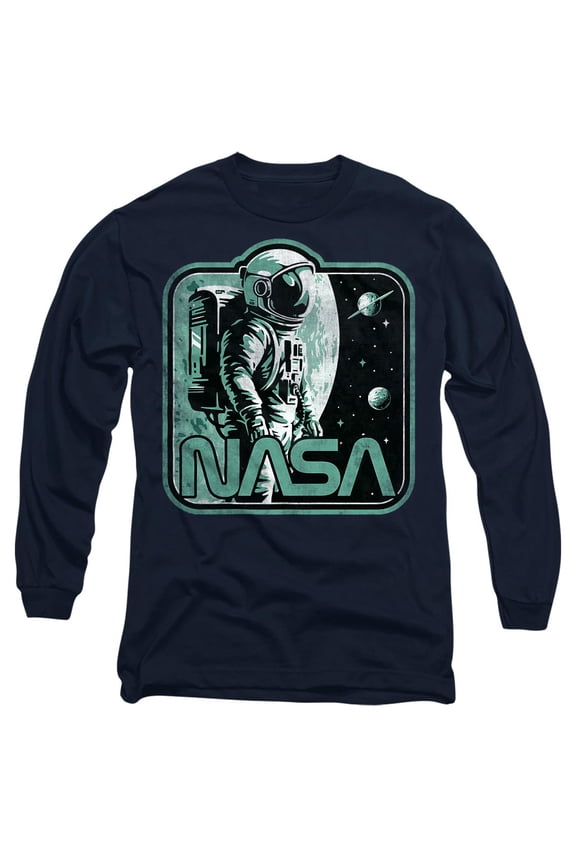 Retro Spaceman Unisex Adult Long-Sleeve T Shirt, Navy, Large