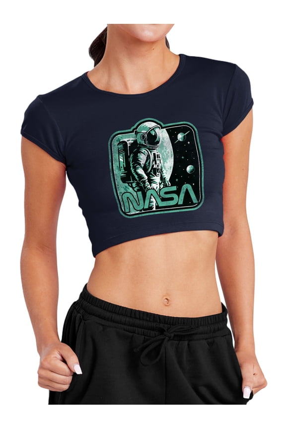 Retro Spaceman Women's Cap Sleeve Baby Rib Crop Top, Navy, Medium