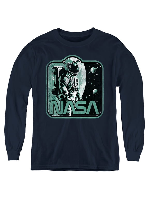 Retro Spaceman Youth Long Sleeve T Shirt, Navy, Small