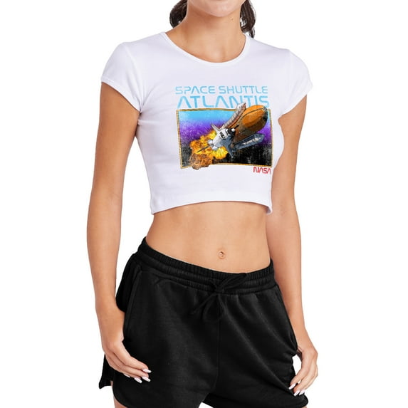 NASA Shuttle Atlantis Women's Cap Sleeve Baby Rib Crop Top, White, X-Large