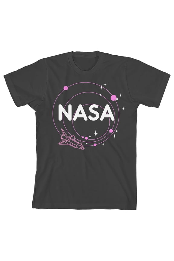 NASA Solar System & Spaceship Crew Neck Short Sleeve Girl's Black T-shirt-Large