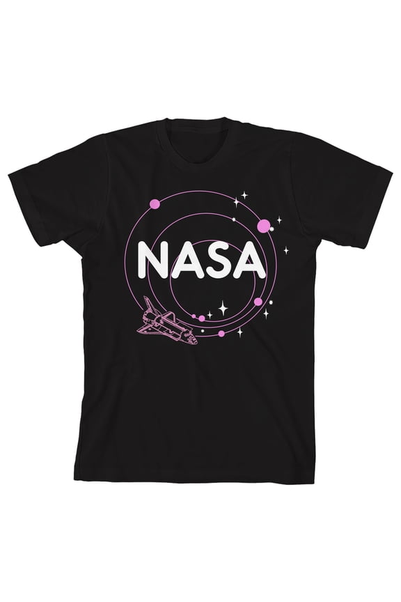 NASA Solar System & Spaceship Crew Neck Short Sleeve Girl's Black T-shirt-XS