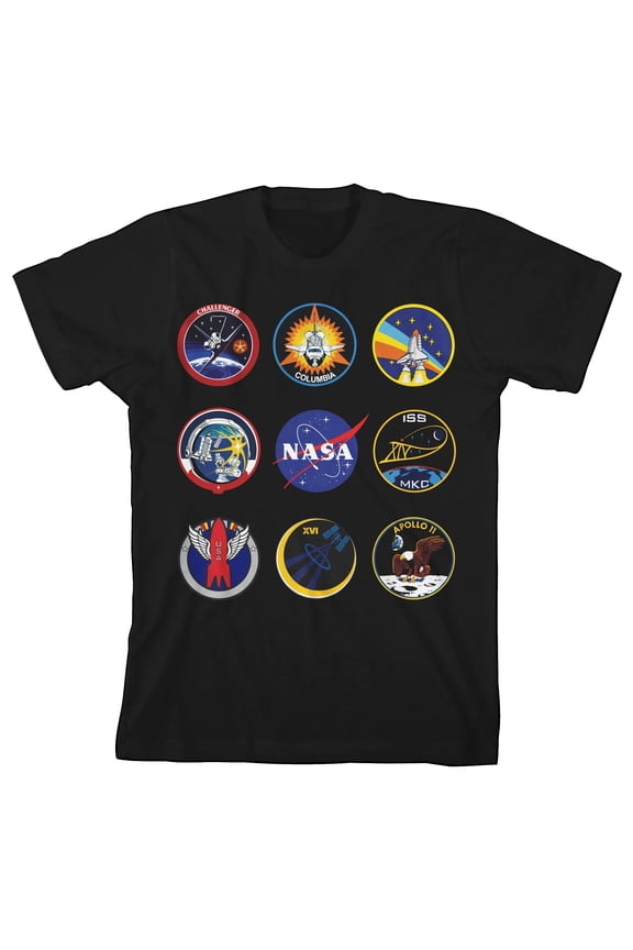 NASA Space Patches Youth Boys Black Graphic Print T-Shirt-Small