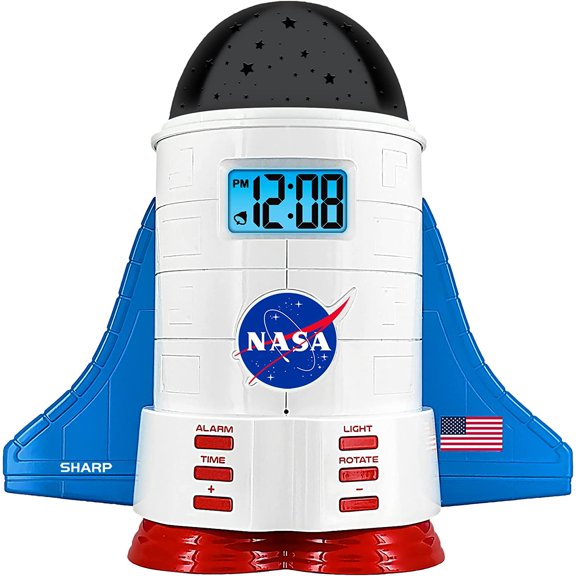 NASA Space Shuttle Night Light Alarm Clock Wings and Booster Lights Up Space Design Nightlight Fun with 4 Color Options and 2 Space Themes for Bedroom, Great Gift!