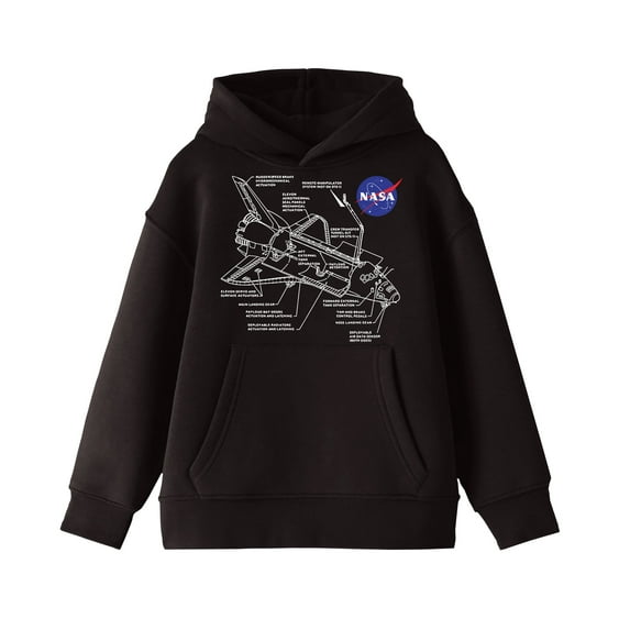 NASA Space Shuttle White Line Schematics Youth Boys Black Hooded Sweatshirt-XL