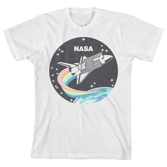 NASA Spaceship Traveling In Space Crew Neck Short Sleeve Girl's White T-shirt-XS