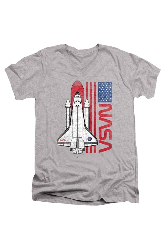 USA Flag Shuttle Unisex Adult V-Neck T Shirt (X-Large) Athletic Heather