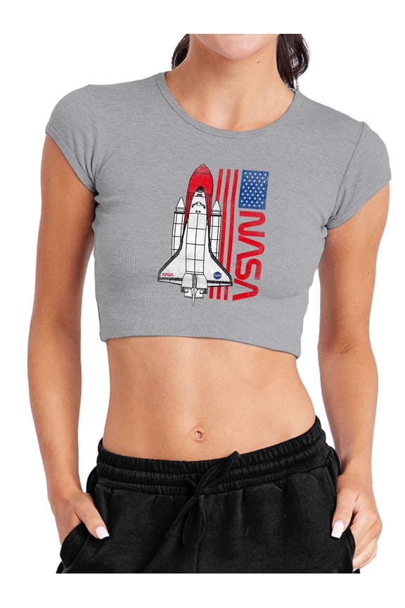 USA Flag Shuttle Women's Cap Sleeve Baby Rib Crop Top, Athletic Heather, Large