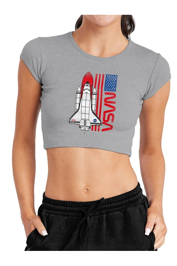 USA Flag Shuttle Women's Cap Sleeve Baby Rib Crop Top, Athletic Heather, X-Large