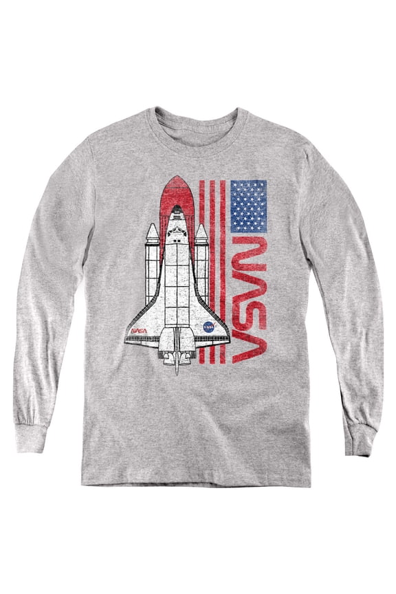 USA Flag Shuttle Youth Long Sleeve T Shirt, Athletic Heather, Small