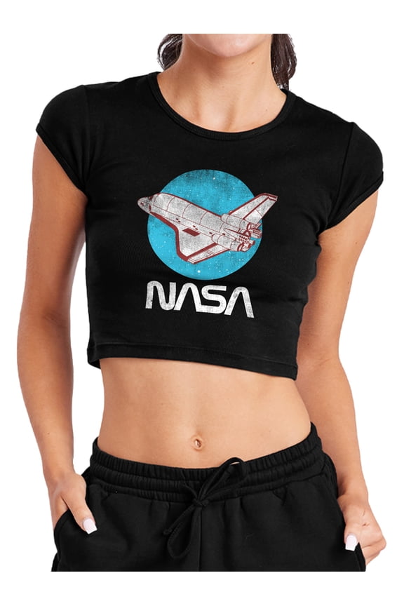 Vintage Shuttle Women's Cap Sleeve Baby Rib Crop Top, Black, Medium