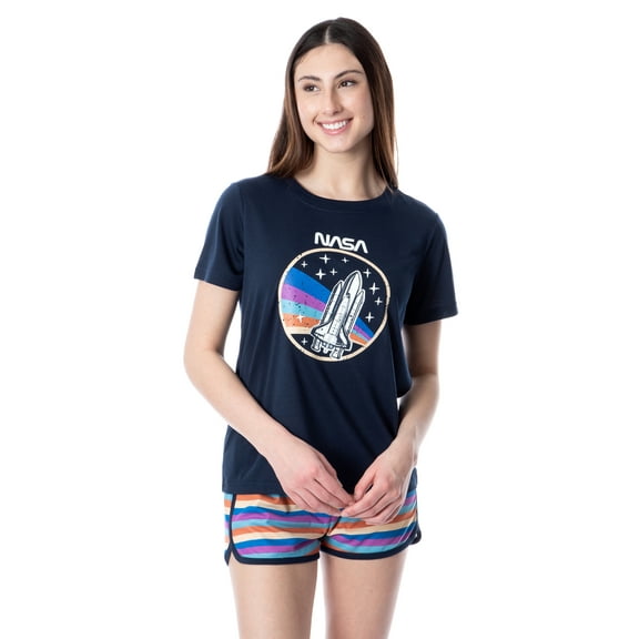 NASA Womens' Retro Stripes Rocket Sleep Pajama Set Shorts Crewneck