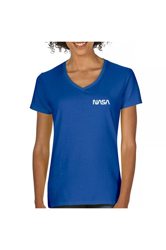 NASA Worm Logo Crest Women's V-Neck T-shirt Astronaut Space Mars Souvenir Emblem